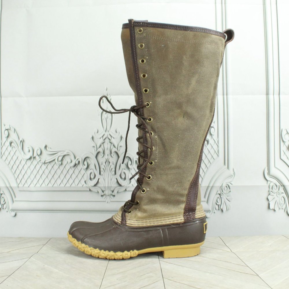 LL Bean Green Canvas Waxed Coated Waterproof Tall Duck Boots Size 6 Medium - Picture 1 of 9